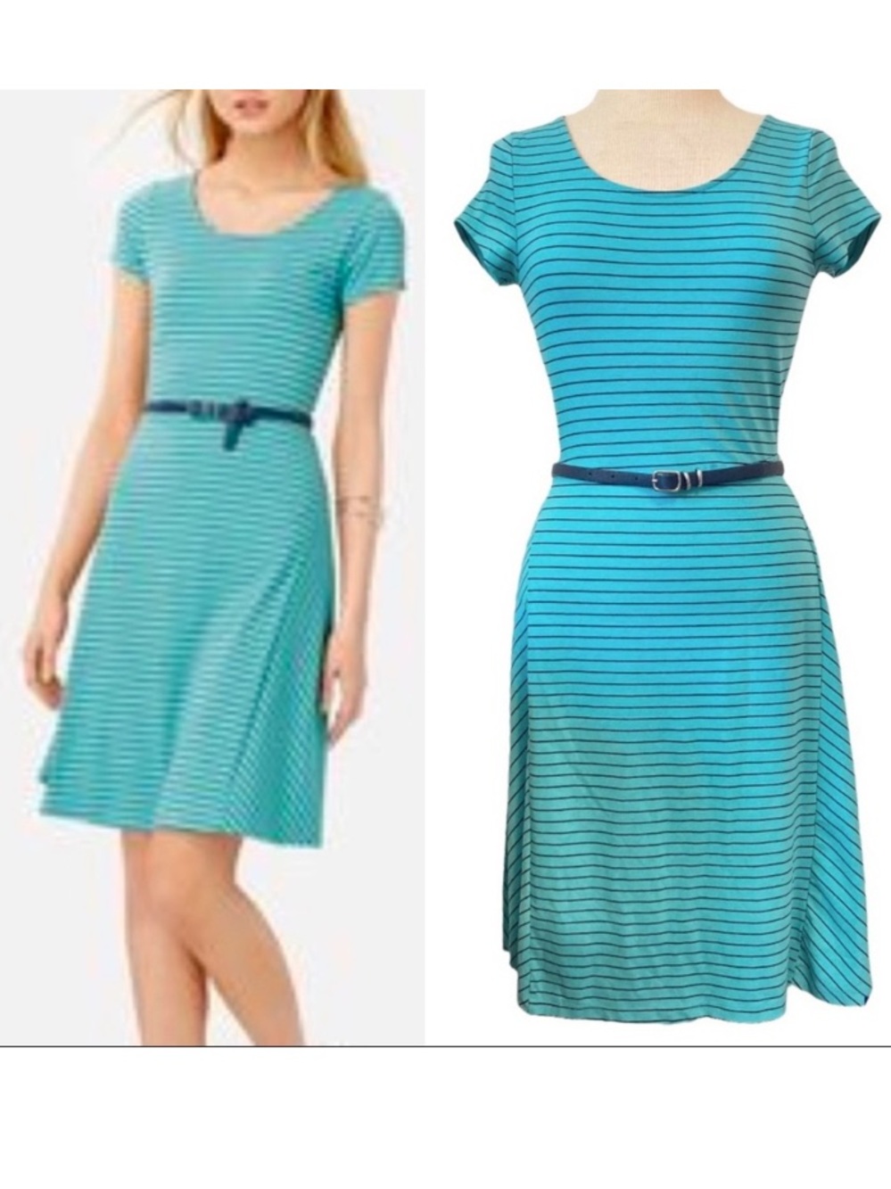 Limited Stripe Turquoise Blue Black Tee Dress Fit & Flare Belt Short Sleeve XS